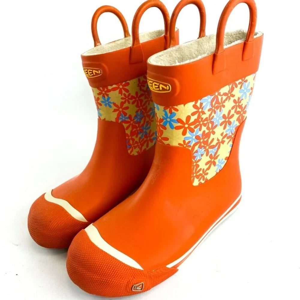 Keen Women's Orange Microfleece Lined Floral Waterproof Rain Boots Size US 5